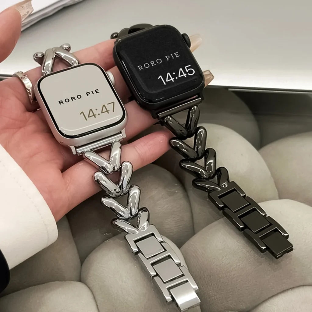 Love Heart Metal Strap For Apple Watch se m Lady aviation-themed Apple Watch band, polished fashion silicone.