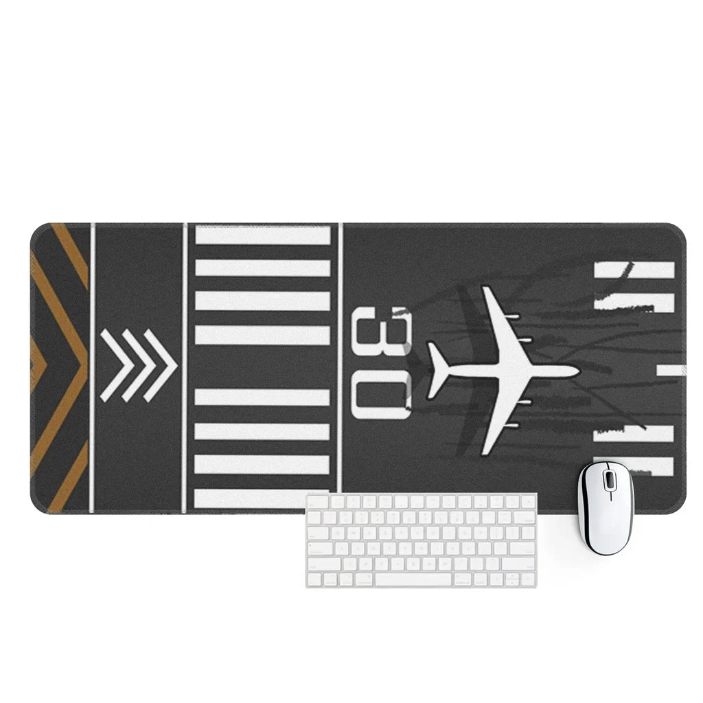 Customizable Runway aviation design on premium leather or neoprene desk mat.