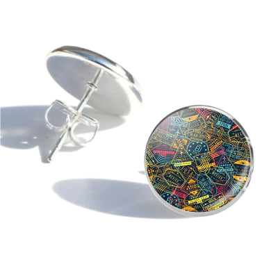 Side view of Dark Coloured Passport Stamps aviation stud earrings in stainless steel, polished finish.