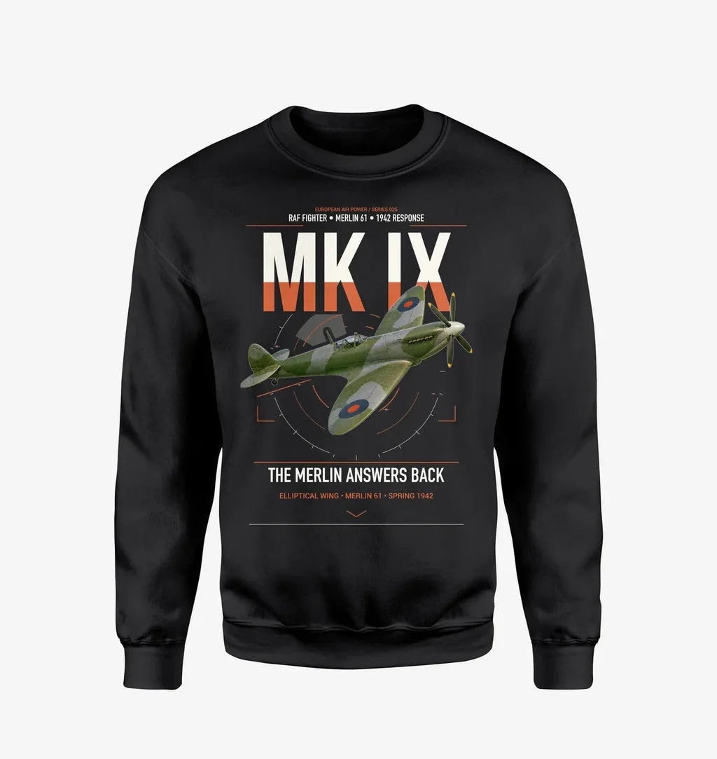 Supermarine Spitfire Mk IX design on black sweatshirt