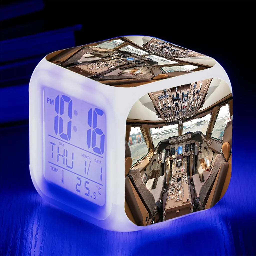 Boeing 747 Cockpit "7 Colour" Digital Alarm aviation design on premium wood and metal table clock.