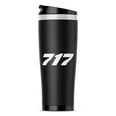 Boeing 717 Flat Text aviation design on stainless travel mug, vacuum-insulated double-wall stainless.