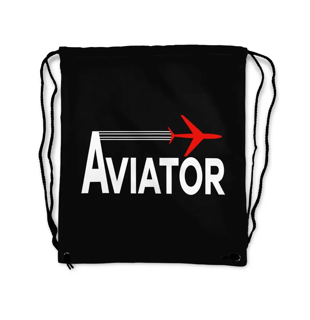 Aviator aviation design drawstring bag, lightweight polyester construction.