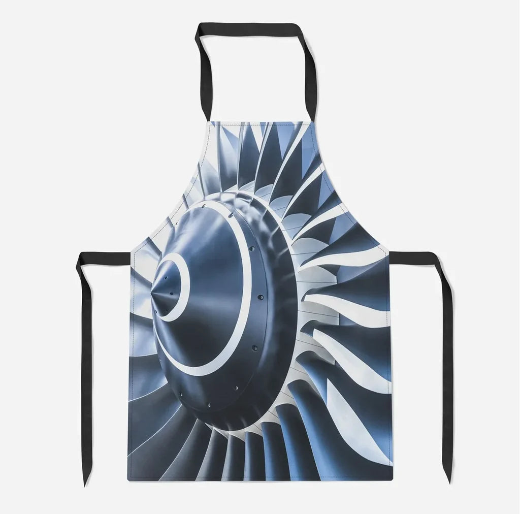 Blue Toned Super Jet Engine Blades Closeup aviation design on durable cotton blend kitchen apron.