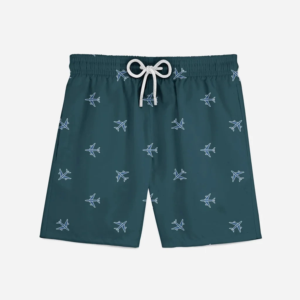 Nice Airplanes (Green) aviation print swim trunks, quick-dry polyester.