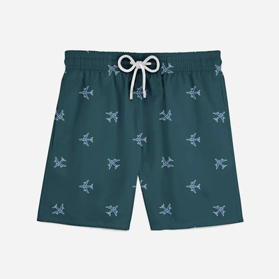 Nice Airplanes (Green) aviation print swim trunks, quick-dry polyester.