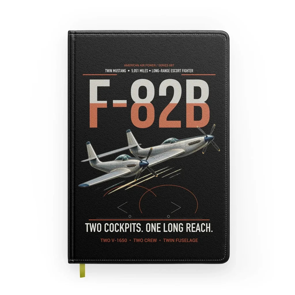F-82B Twin Mustang design on black notebook