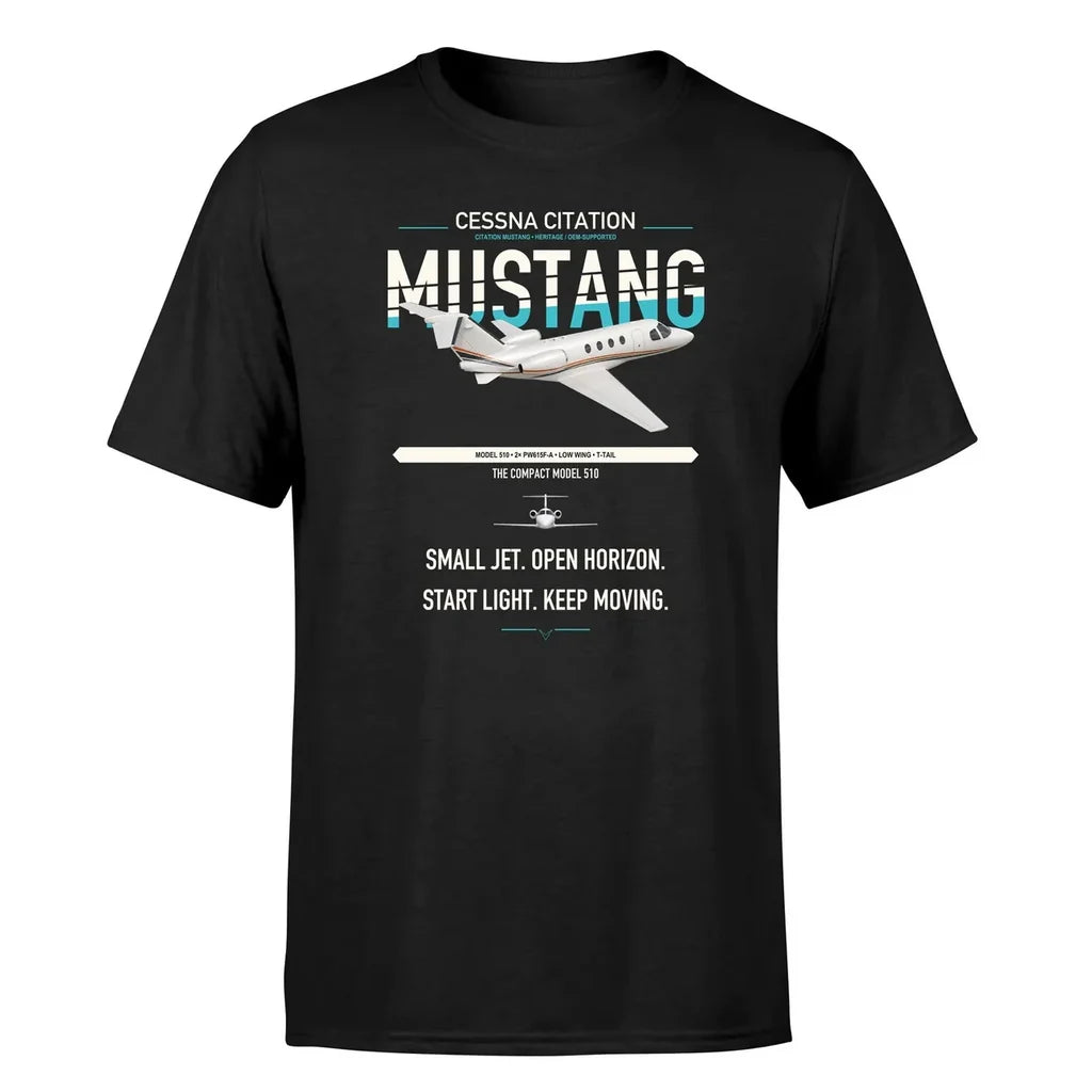 Cessna Citation Mustang design on black double-side t-shirt, single-side print