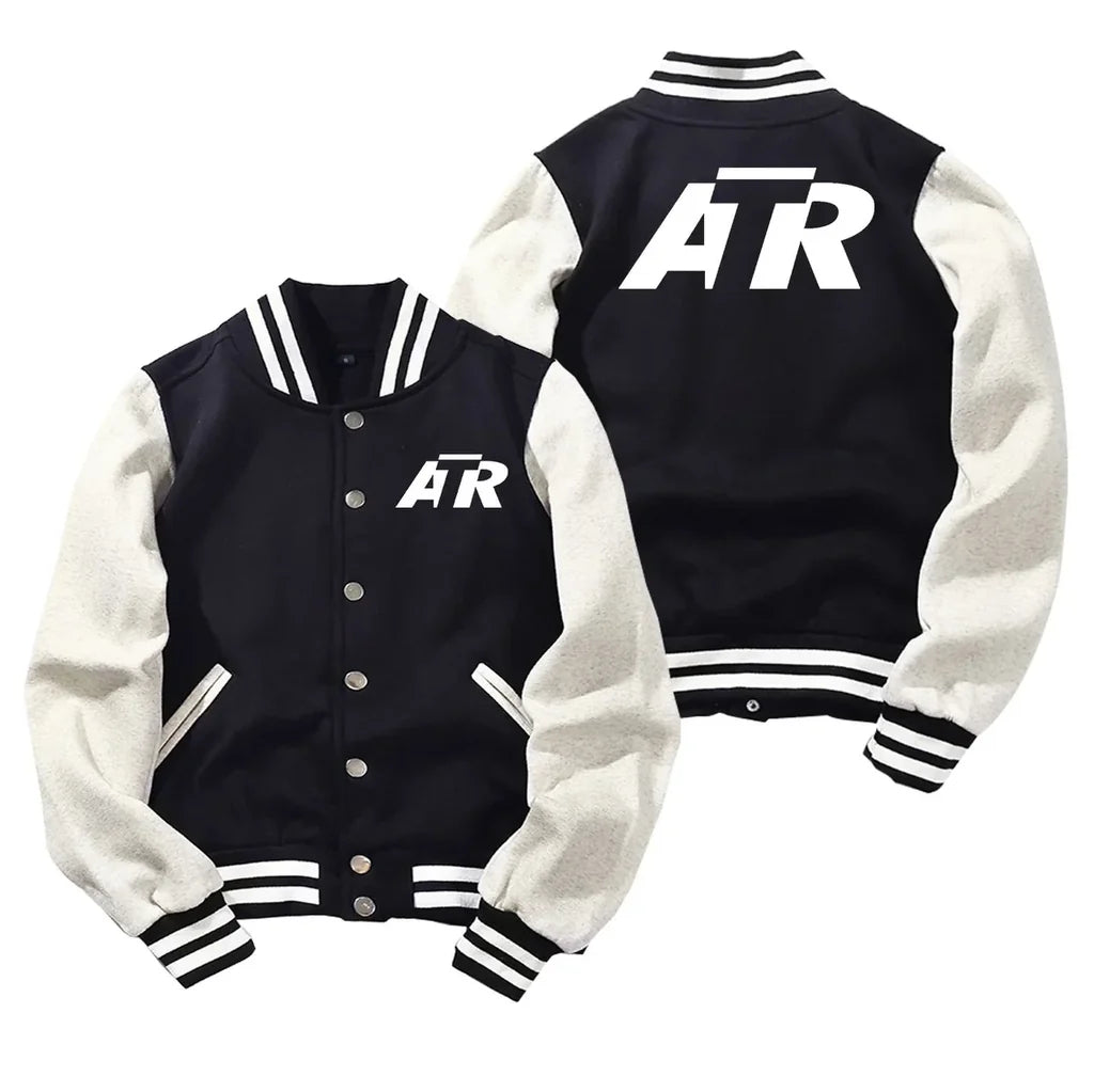 ATR & Text Baseball Style aviation design printed on two-tone shell with ribbed cuffs baseball jacket.