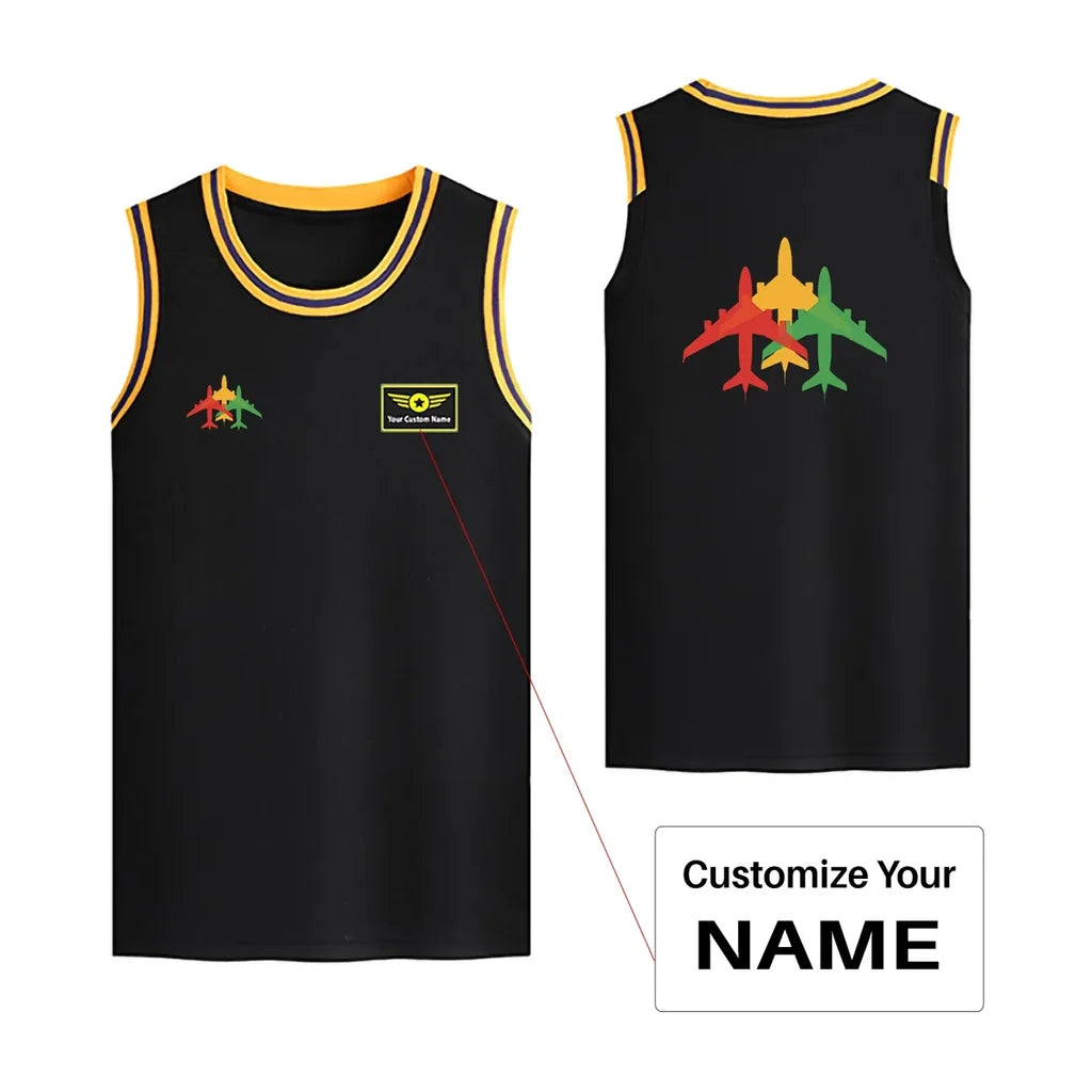 Colourful 3 Airplanes Basketball Style Sports aviation design printed on quick-dry breathable fabric men's sport tank top.