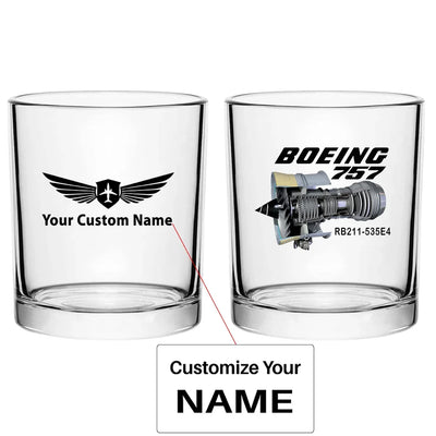 Boeing 757 & Rolls Royce Engine (RB211) aviation design on whiskey glass, special-edition crystal cut.