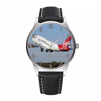 Side view of Virgin Atlantic Boeing 747 aviation watch with leather strap in leather strap, polished finish.