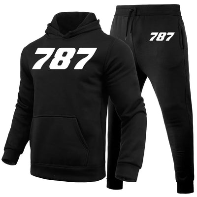 Boeing 787 Flat Text aviation design on soft cotton blend hoodie and sweatpants set.
