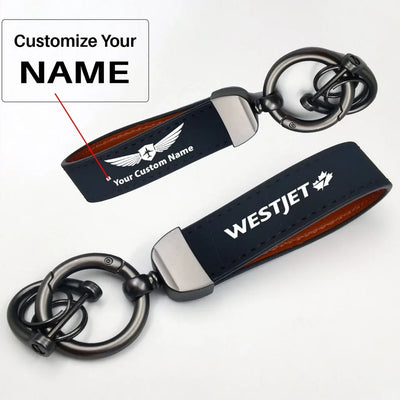 Side view of WestJet Airlines aviation horseshoe-buckle key chain in polished metal alloy, polished finish.