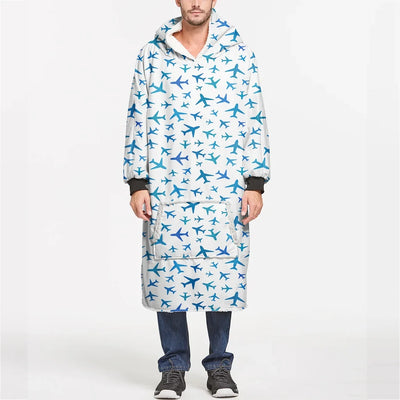 Many Airplanes White aviation design on soft fleece blanket hoodie.