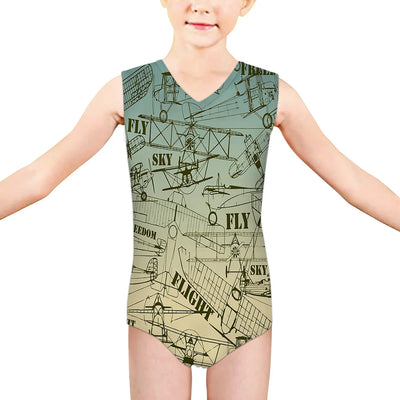 Retro Airplanes & Text aviation print on kids quick-dry fabric swimsuit.