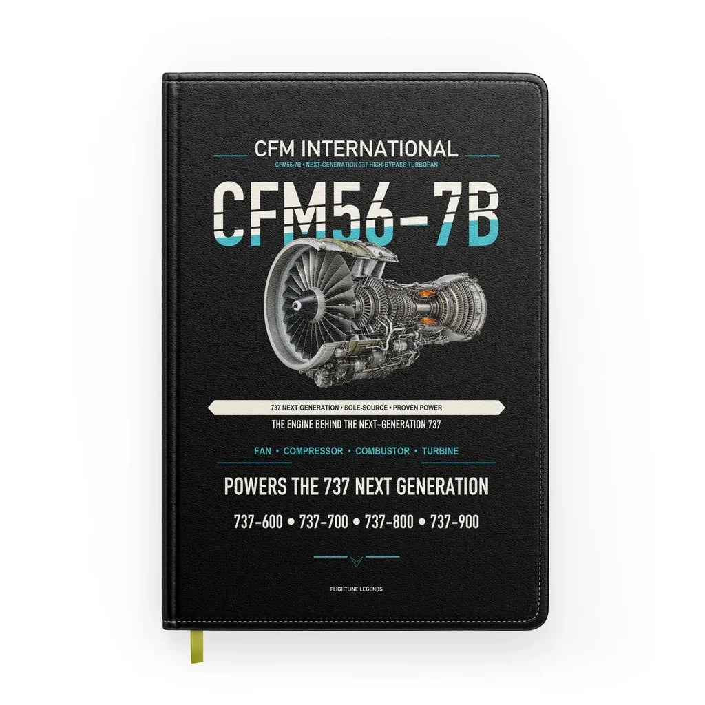 CFM56-7B design on black notebook