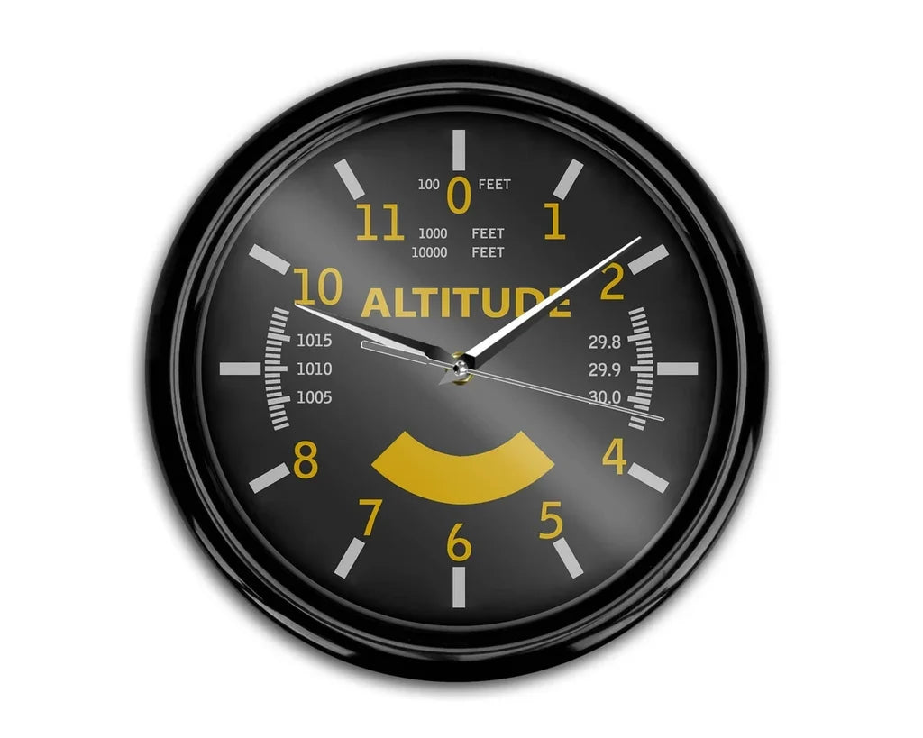 Airplane Instruments (Altitude-Color) aviation themed wall clock, premium wood and metal.