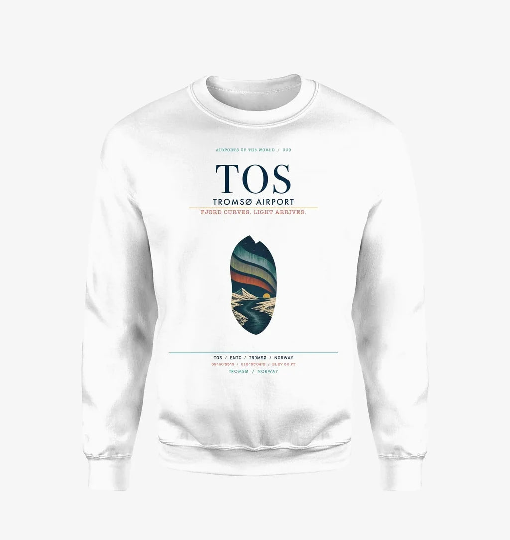 Tromsø Airport (TOS) design on white sweatshirt