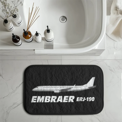 The Embraer ERJ-190 aviation design on soft absorbent fabric with non-slip backing bath mat.