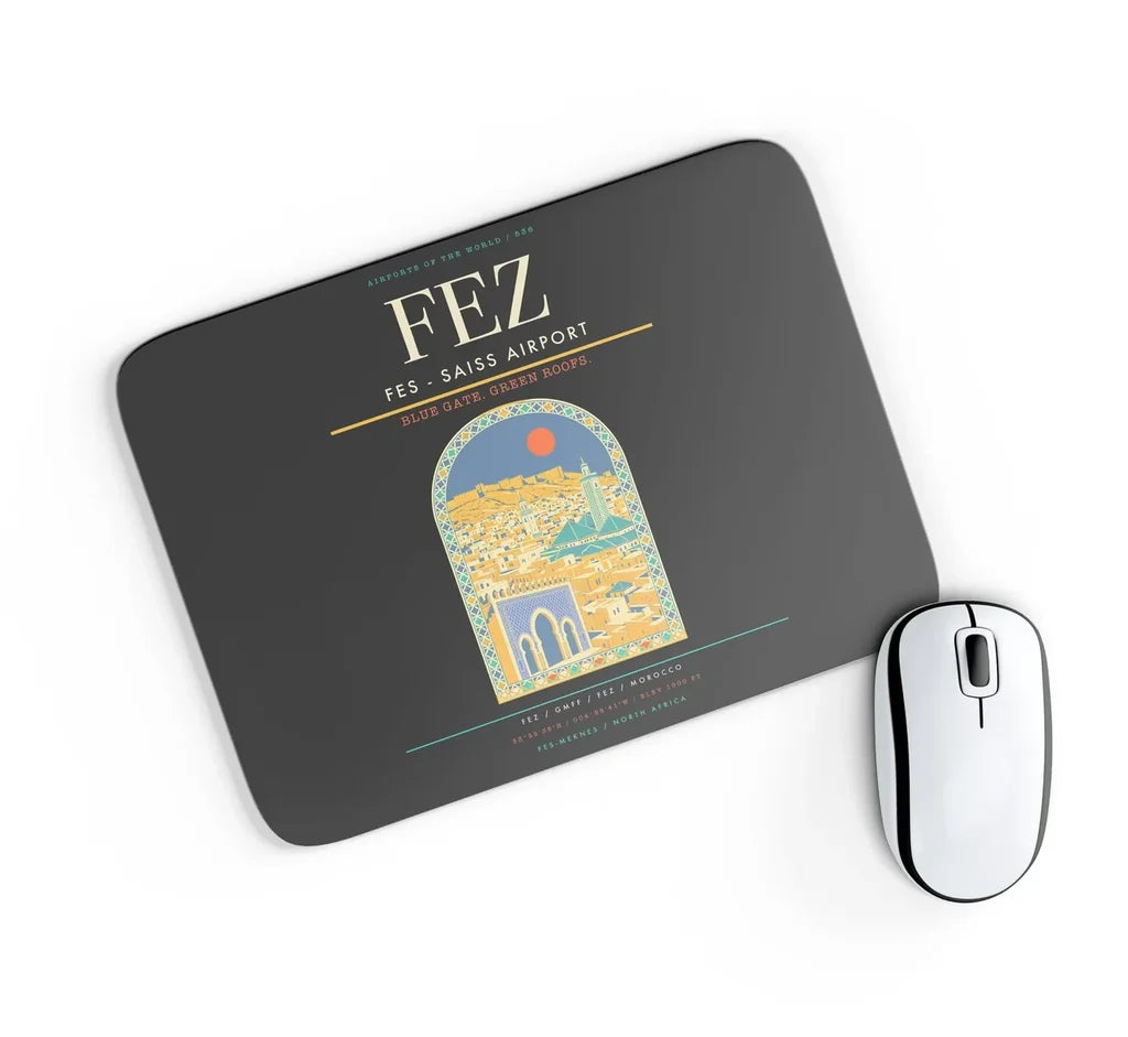 Fes (FEZ) design on black rectangle mouse pad
