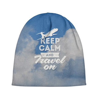 Keep Calm and Travel On aviation embroidery on soft knit fabric 3D knit beanie.