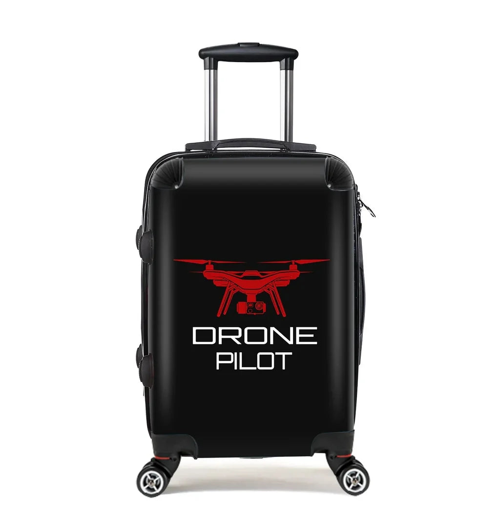 Drone Pilot Black Cabin Size aviation print luggage, durable shell.