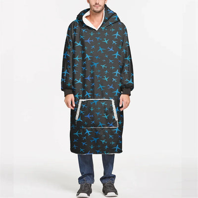 Many Airplanes Gray aviation design on soft fleece blanket hoodie.