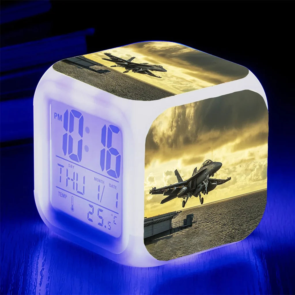 Departing Jet Aircraft "7 Colour" Digital Alarm aviation art table clock in premium wood and metal.