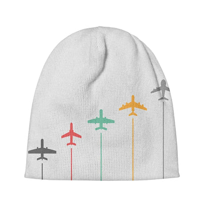Black & White Super Travel Icons Light Gray aviation embroidery on soft knit fabric 3D knit beanie.