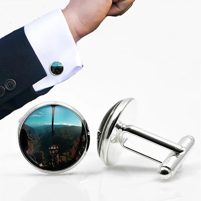 Beautiful Scenary Through Helicopter Cockpit aviation-themed cuff links, polished metal.