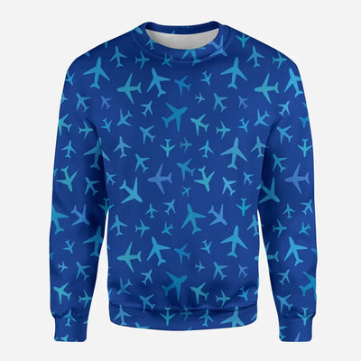 Many Airplanes Blue aviation design printed on soft cotton blend 3D sweatshirt.