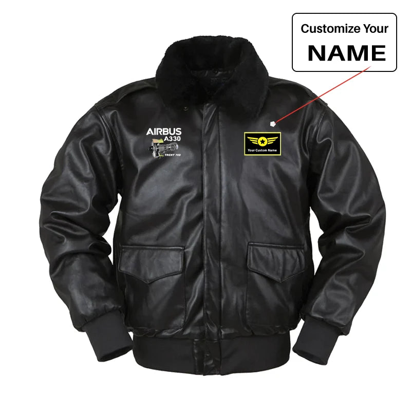 Airbus A330 & Trent 700 Engine aviation design printed on genuine leather with shearling-style collar leather bomber jacket.