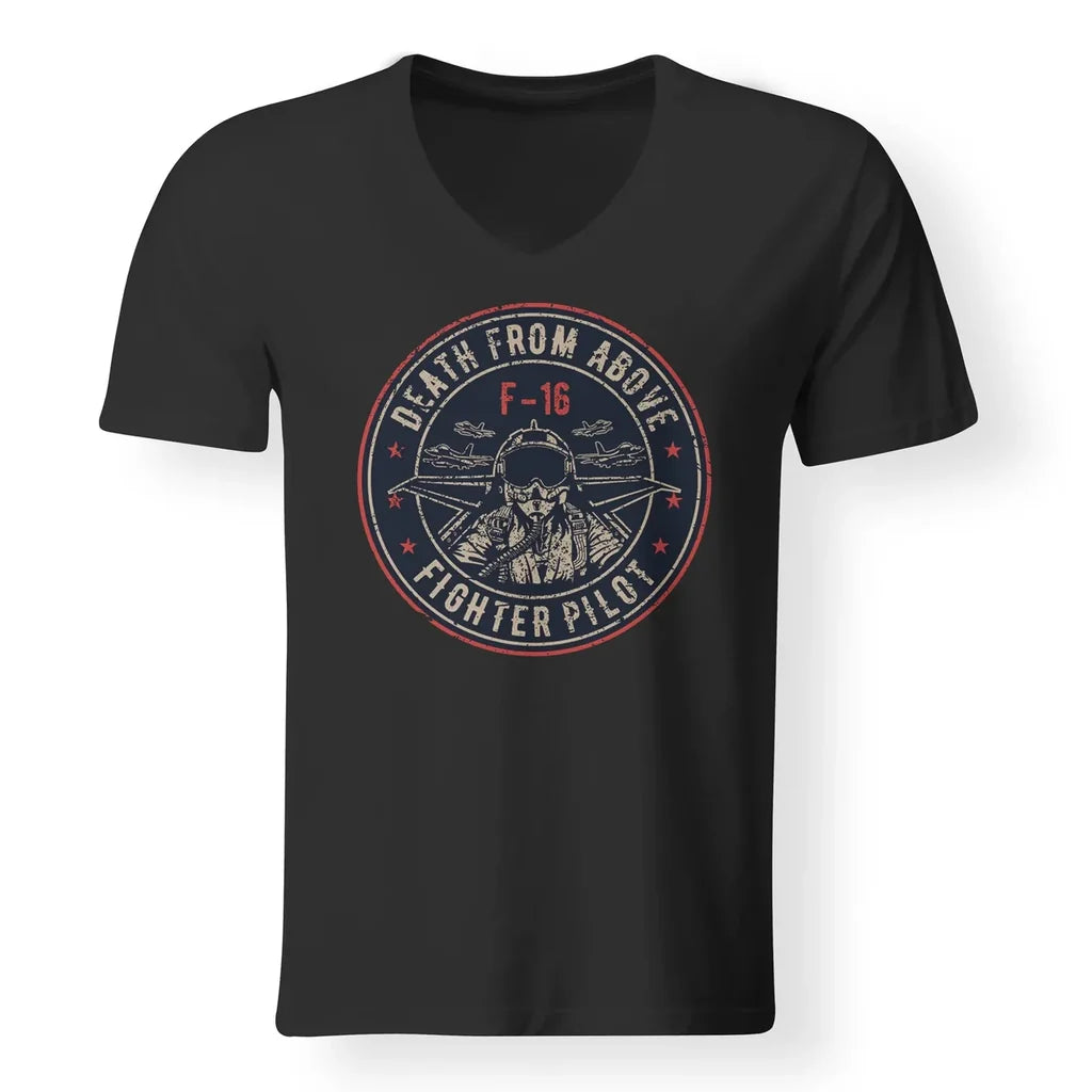 Fighter Jet 16 - Death From Above aviation design printed on soft cotton V-neck T-shirt.