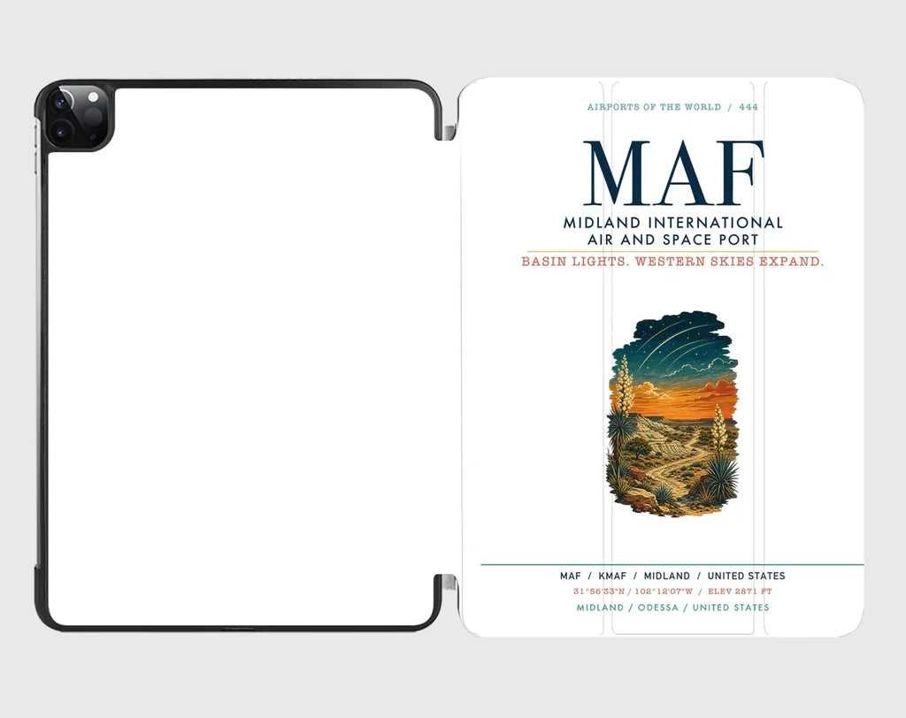 Midland International Air and Space Port (MAF) design on white ipad tablet case