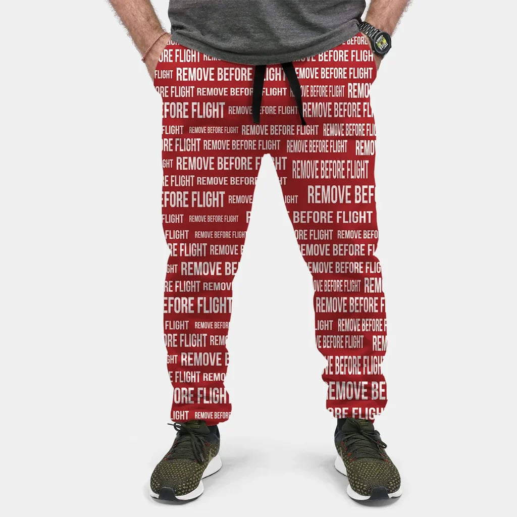 Remove Before Flight 3-Red aviation design on soft cotton blend 3D-printed sweatpants.