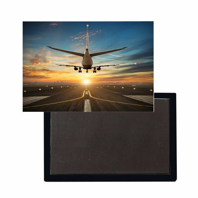 Airplane over Runway Towards the Sunrise aviation design magnet in strong neodymium core.