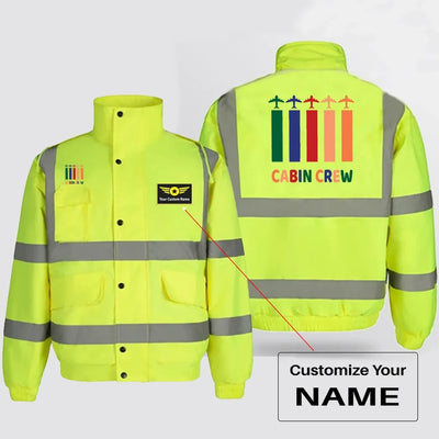 Colourful Cabin Crew aviation design printed on insulated shell with high-visibility reflective panels reflective winter jacket.