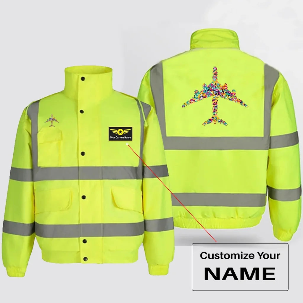 Colourful Airplane aviation design printed on insulated shell with high-visibility reflective panels reflective winter jacket.