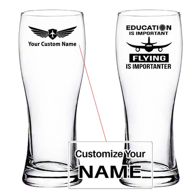 Flying is Importanter aviation design on pilsner glass, tall pilsner glassware.