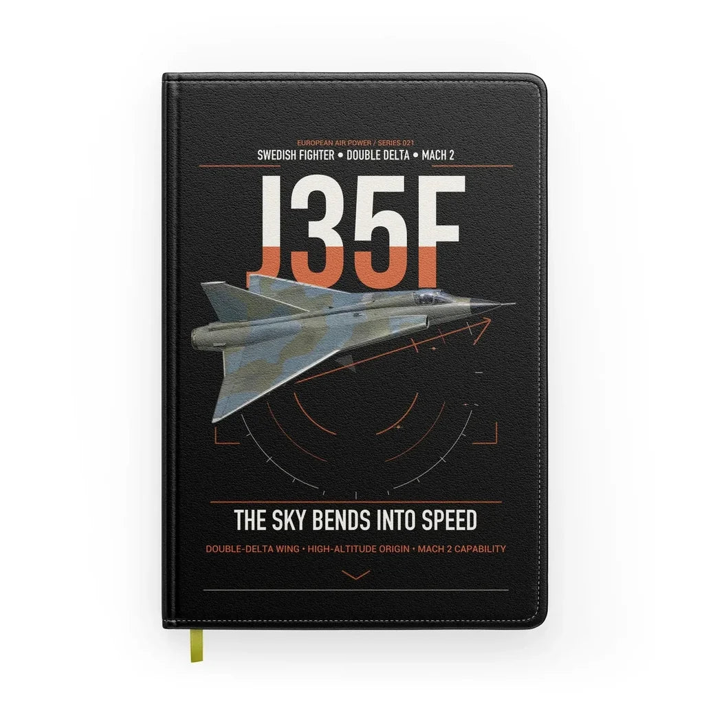 Saab J 35F Draken design on black notebook