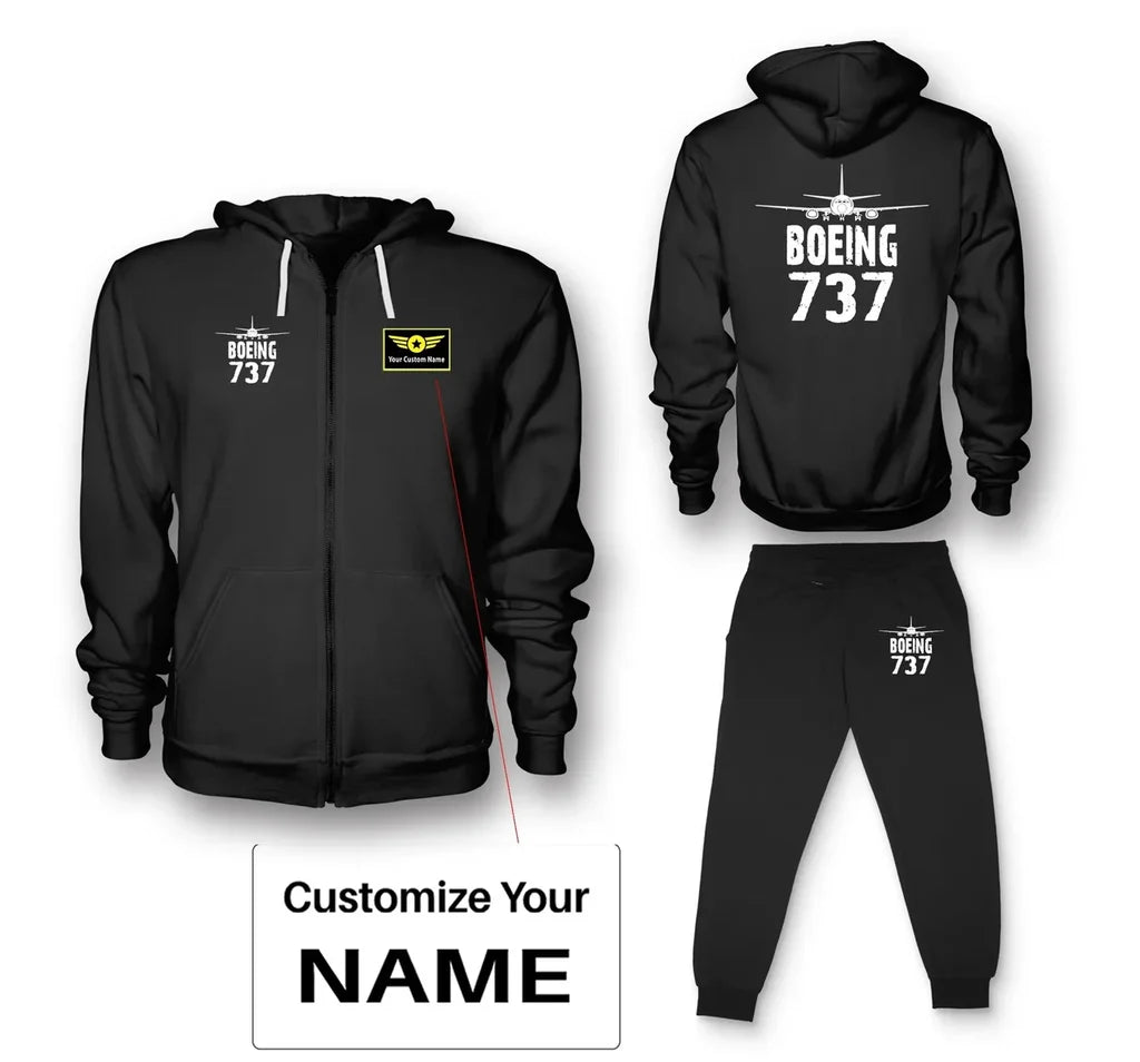 Boeing 737 & Plane aviation design on soft cotton blend zipped hoodie and sweatpants set.