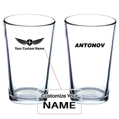 Antonov & Text Beer & aviation design on beer water glass, versatile drinkware.