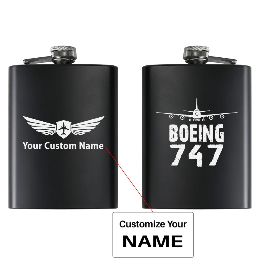 Boeing 747 & Plane aviation design on stainless hip flask, compact pocket-size flask.