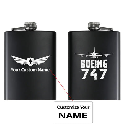 Boeing 747 & Plane aviation design on stainless hip flask, compact pocket-size flask.
