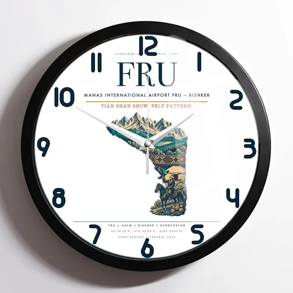 Manas International Airport (FRU) design on white framed wall clock