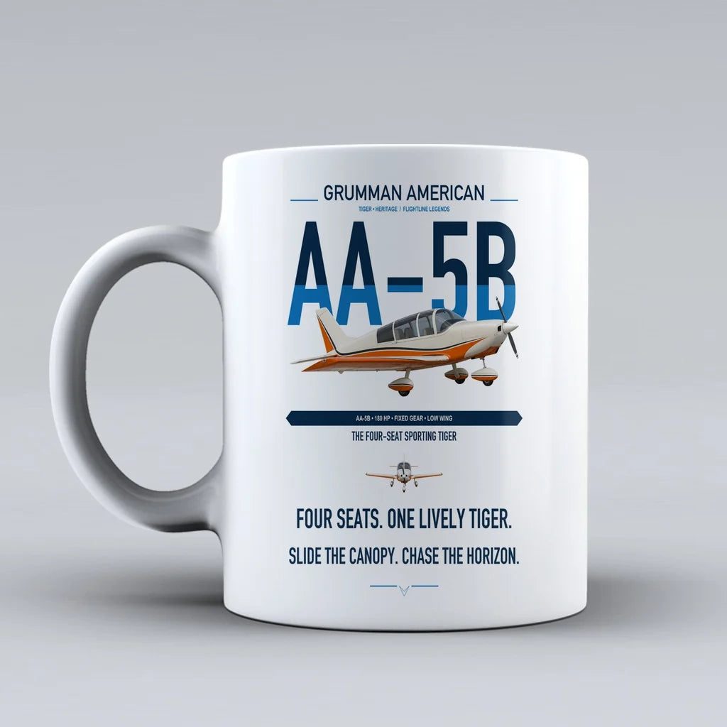 Grumman American AA-5B Tiger design on white ceramic mug, double-side print