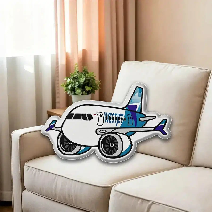Westjet Boeing B737 MAX aviation design on soft polyester filling airplane pillow.