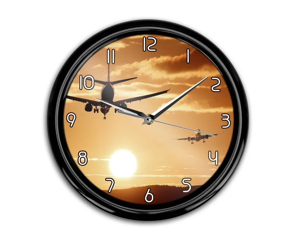 Two Aeroplanes During Sunset aviation themed wall clock, premium wood and metal.