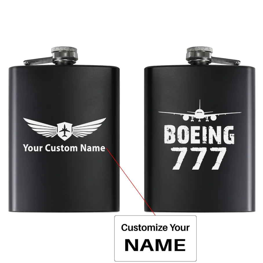 Boeing 777 & Plane aviation design on stainless hip flask, compact pocket-size flask.